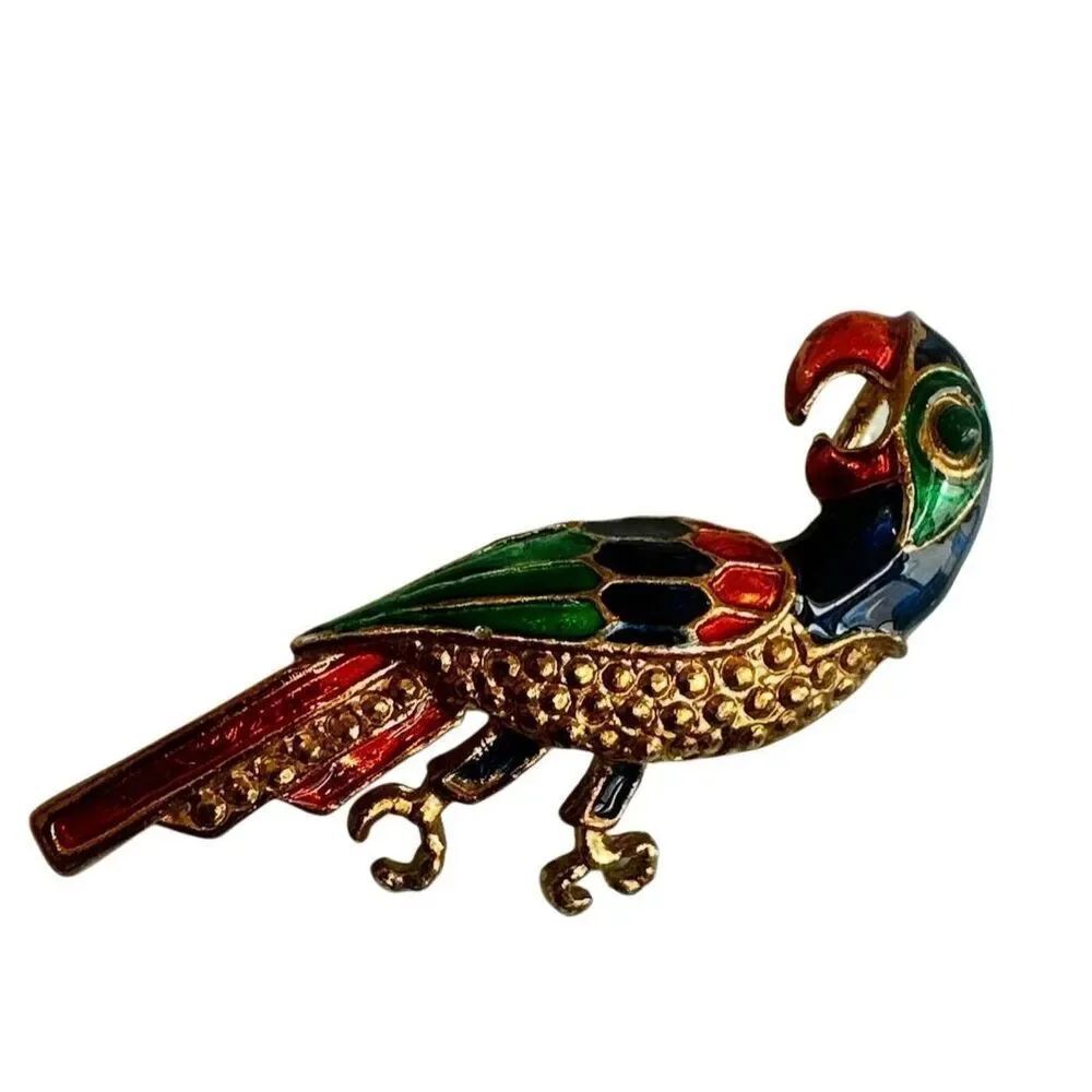 Vintage Cloisonné Style Parrot Brooch Pendant